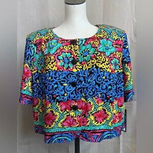 NWT Vintage More Jazz Multicolor Floral Button Front Top 18W Shoulder Pads